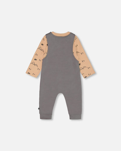 Organic Cotton Printed Onesie And Overall Set Dark Gray With Mountains-1