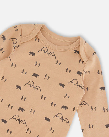 Organic Cotton Printed Onesie And Overall Set Dark Gray With Mountains-2