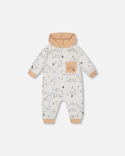 Organic Cotton Hooded Jumpsuit Gray Mix Printed Bears-0
