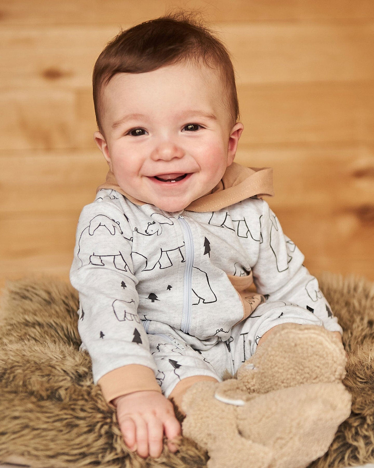 Organic Cotton Hooded Jumpsuit Gray Mix Printed Bears-1