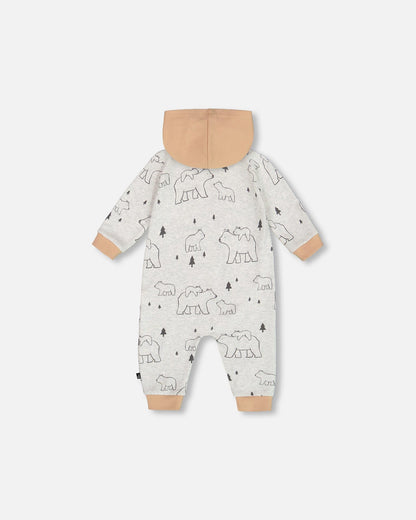 Organic Cotton Hooded Jumpsuit Gray Mix Printed Bears-2