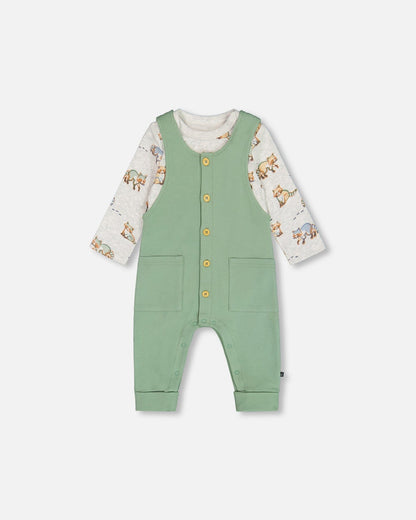 Organic Cotton Printed Onesie And Overall Set Green And Racoon-0