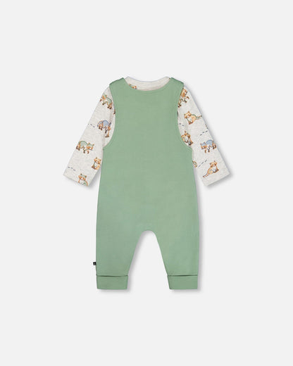 Organic Cotton Printed Onesie And Overall Set Green And Racoon-1