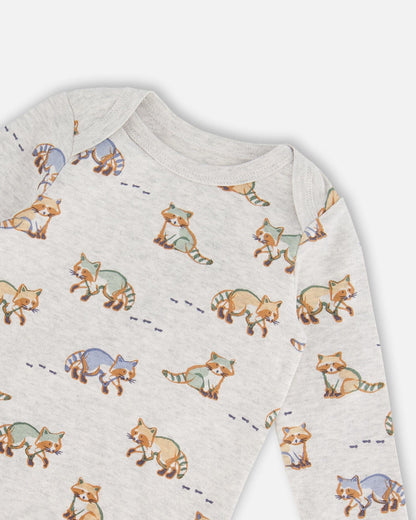 Organic Cotton Printed Onesie And Overall Set Green And Racoon-2