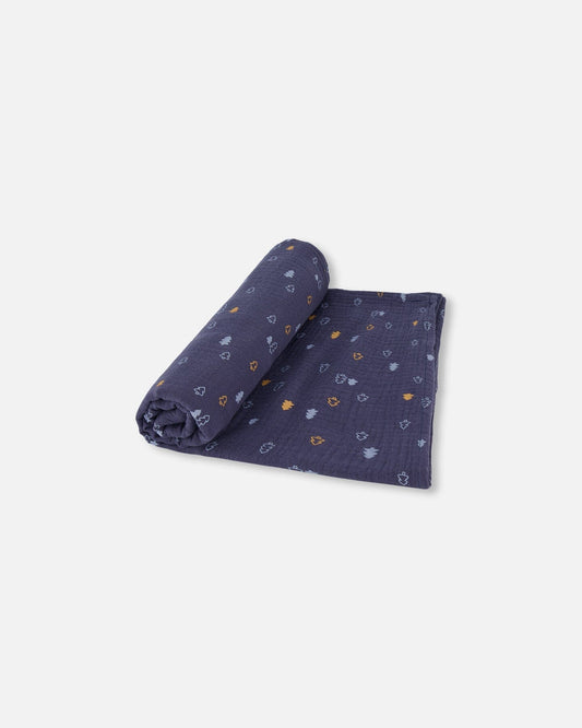 Printed Muslin Blanket Blue With Pine-0