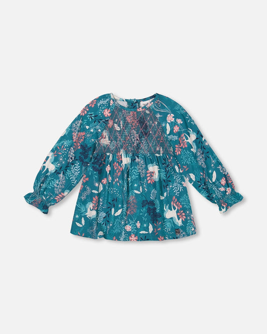 Long Sleeve Viscose Blouse Turquoise Printed Fairy Unicorn-0