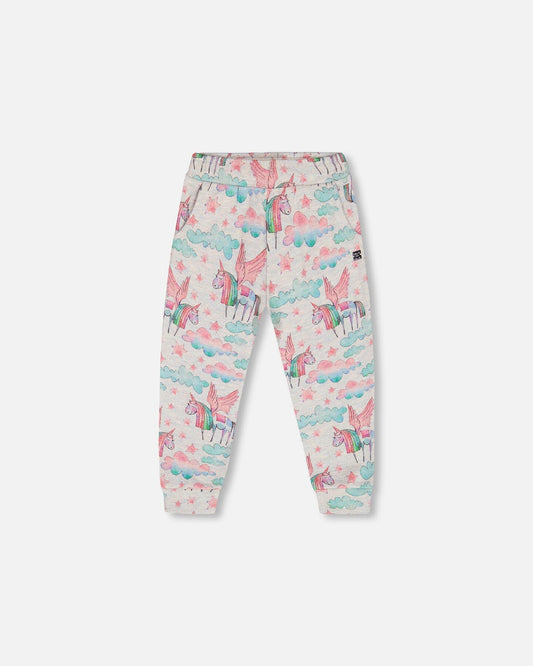 Shiny French Terry Sweatpants Gray Mix Printed Unicorn-0