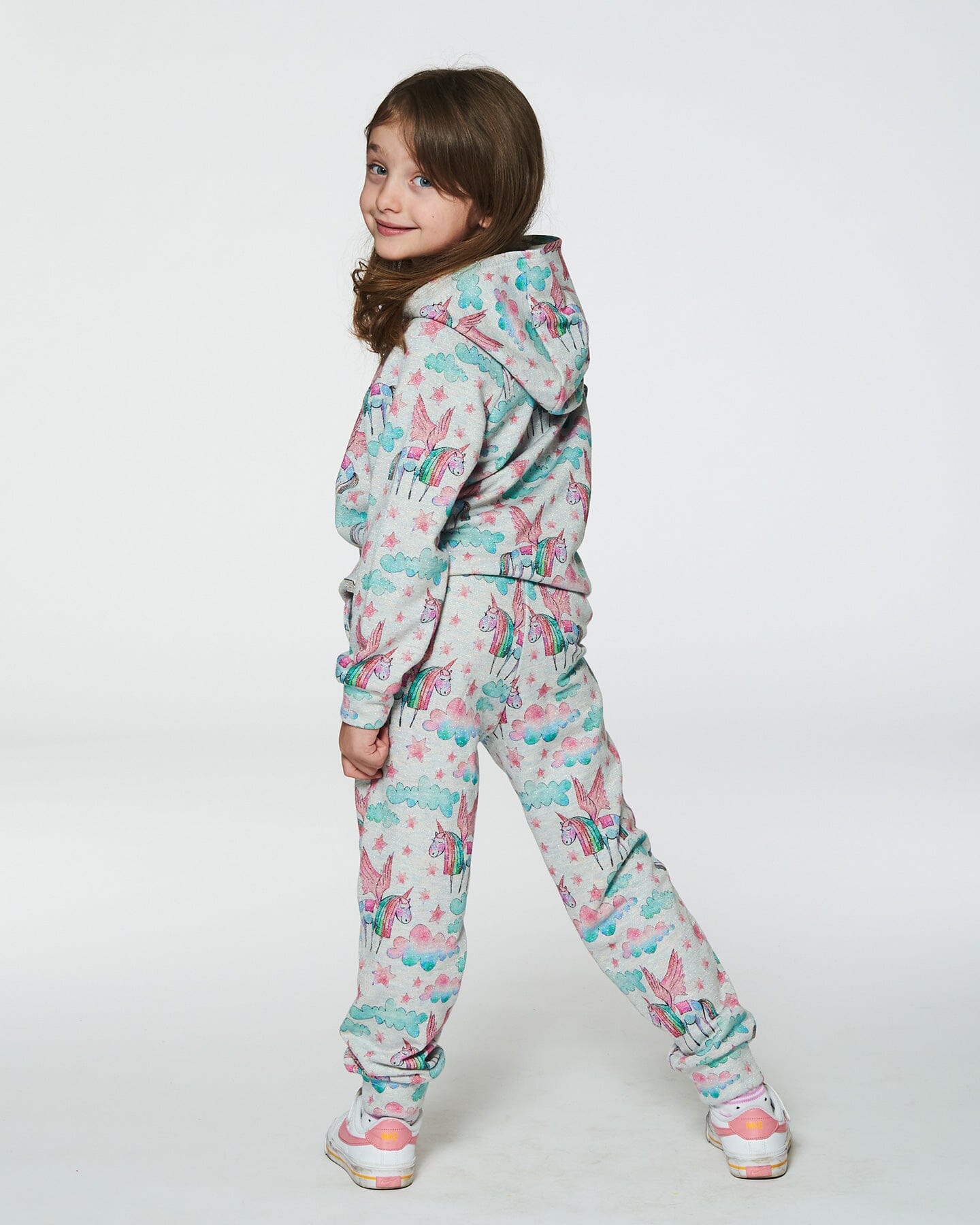 Shiny French Terry Sweatpants Gray Mix Printed Unicorn-2