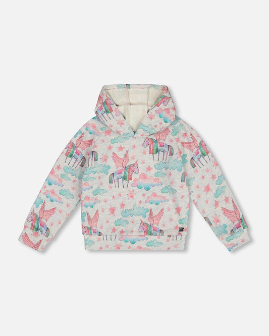 Printed Shiny French Terry Hoodie Gray Mix Printed Unicorn-0