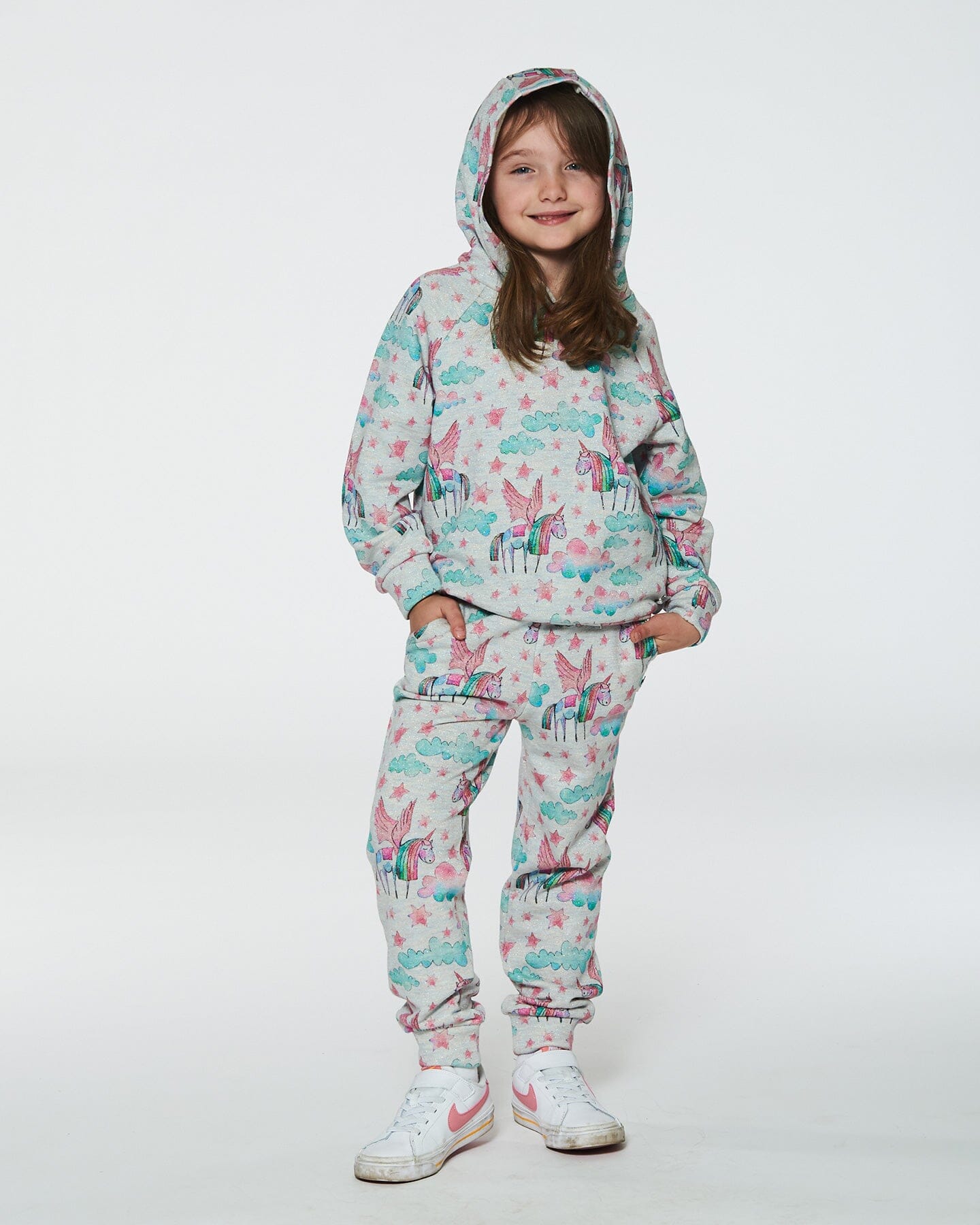 Printed Shiny French Terry Hoodie Gray Mix Printed Unicorn-2