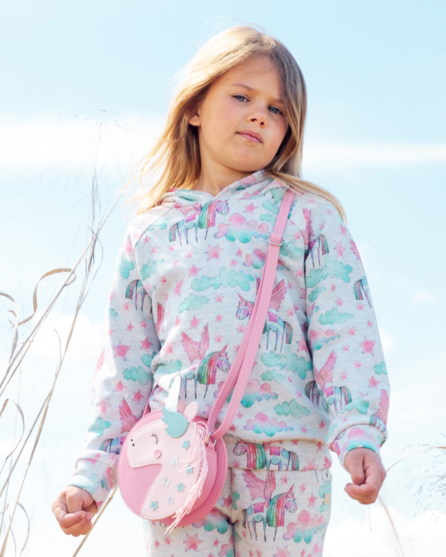 Printed Shiny French Terry Hoodie Gray Mix Printed Unicorn-1