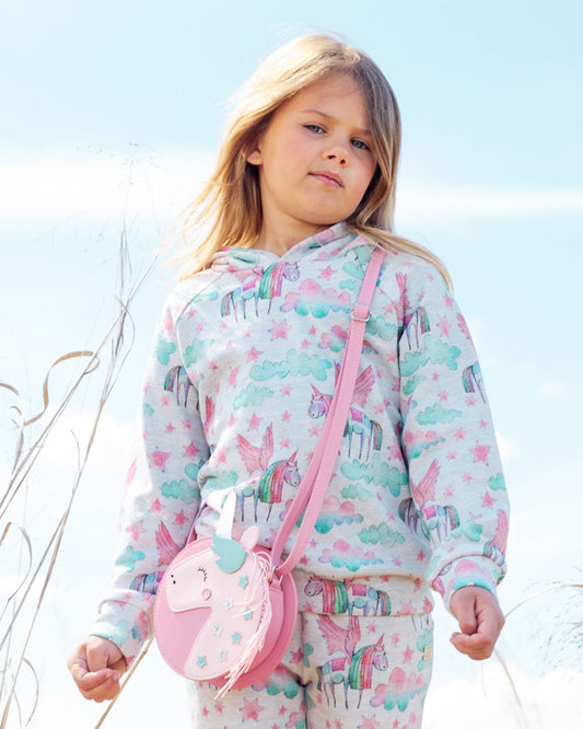 Printed Shiny French Terry Hoodie Gray Mix Printed Unicorn-1