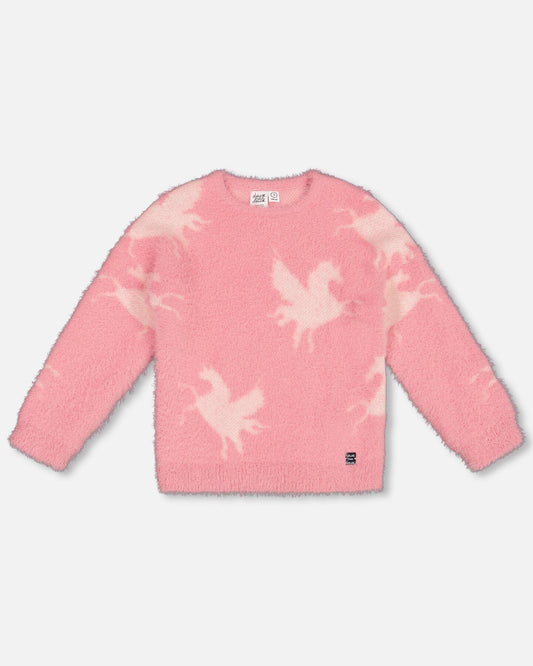Jacquard Unicorn Sweater Hairy Knit Pink-0