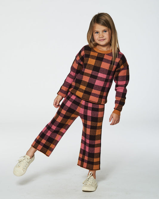 Cropped Wide Leg Pant Plaid Magenta And Brown-1