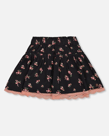 Printed Flowers Flare Viscose Skirt Black-0