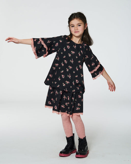 Printed Flowers Flare Viscose Skirt Black-1