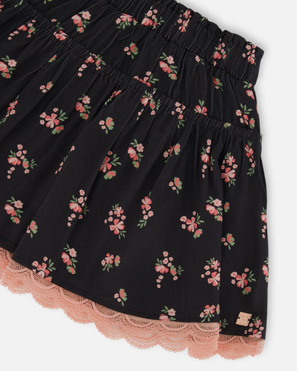Printed Flowers Flare Viscose Skirt Black-3