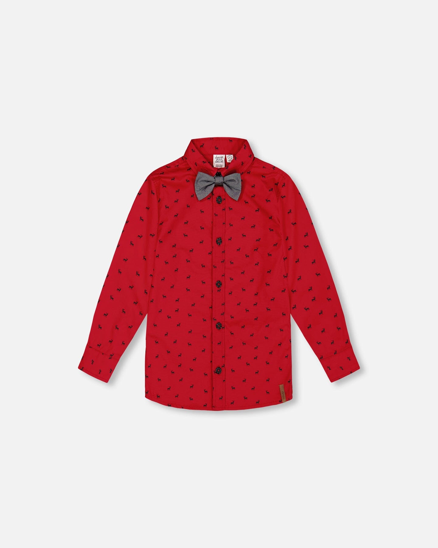 Printed Reindeer Poplin Shirt With Bow Tie Red-0