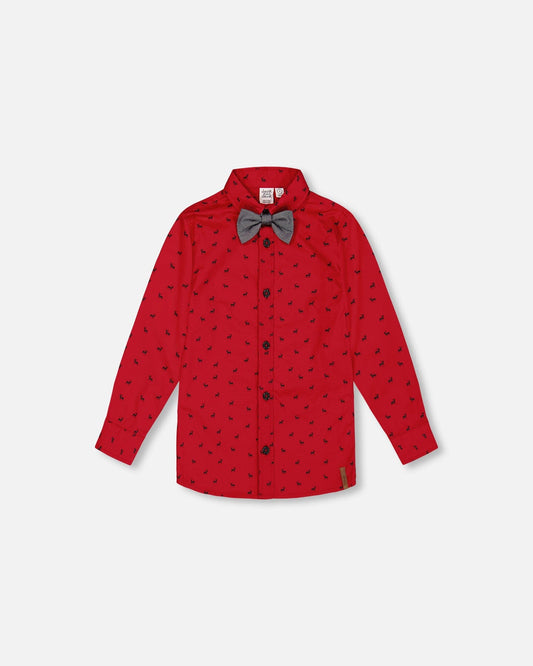 Printed Reindeer Poplin Shirt With Bow Tie Red-0