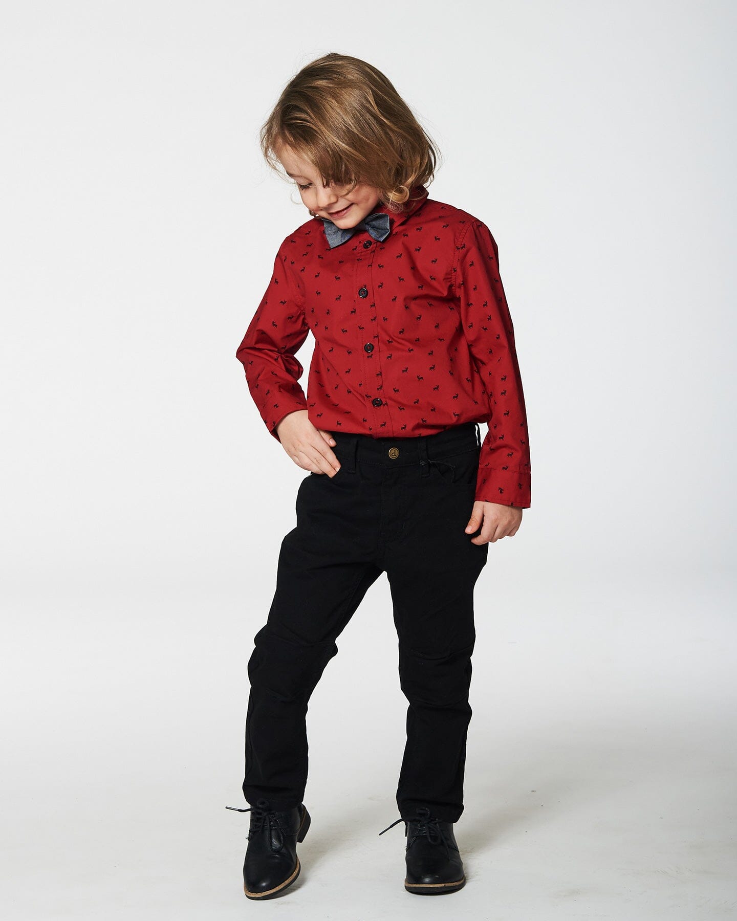 Printed Reindeer Poplin Shirt With Bow Tie Red-3