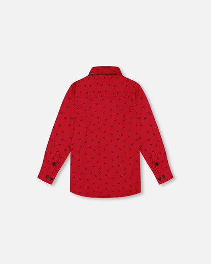 Printed Reindeer Poplin Shirt With Bow Tie Red-4