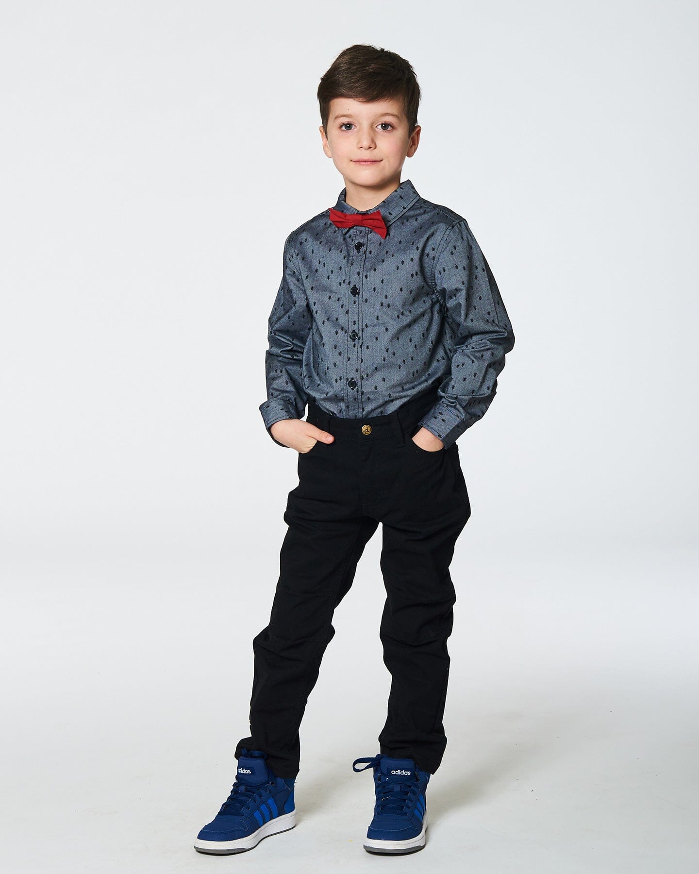 Printed Pine Chambray Shirt With Bow Tie Gray-2