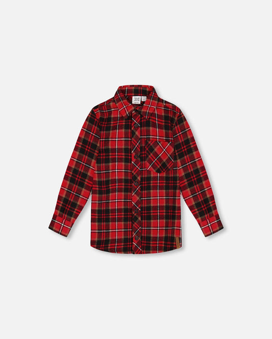 Long Sleeve Button Down Flannel Shirt Plaid Black And Red-0
