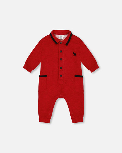 Button Front Jumpsuit Red Mix-0