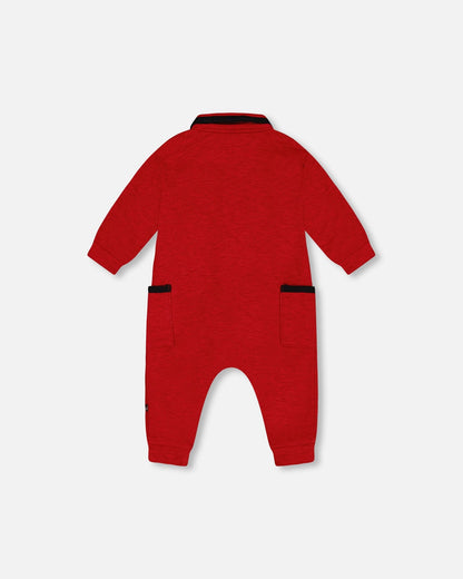 Button Front Jumpsuit Red Mix-1