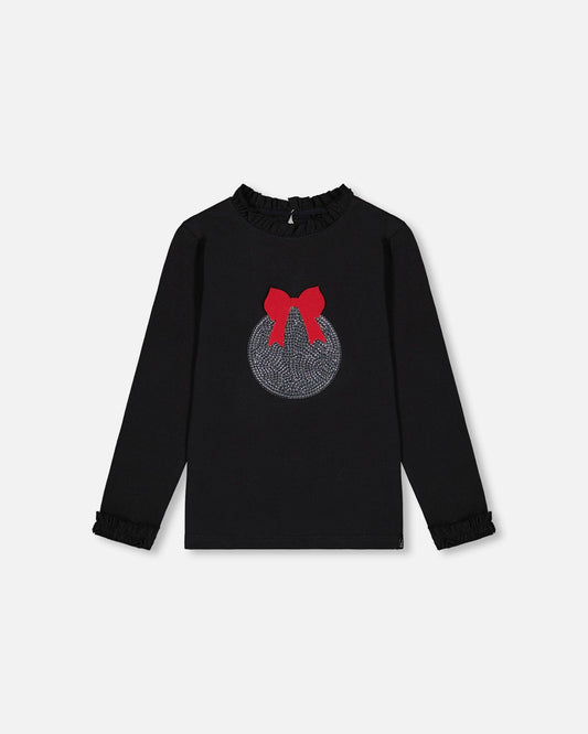 T-Shirt With Frill And Print Black-0
