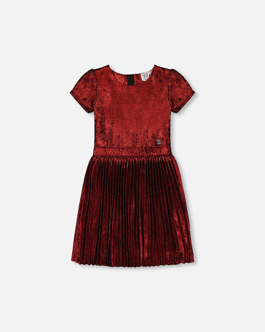 Short Sleeve Dress With Pleated Skirt Metallic Red-0