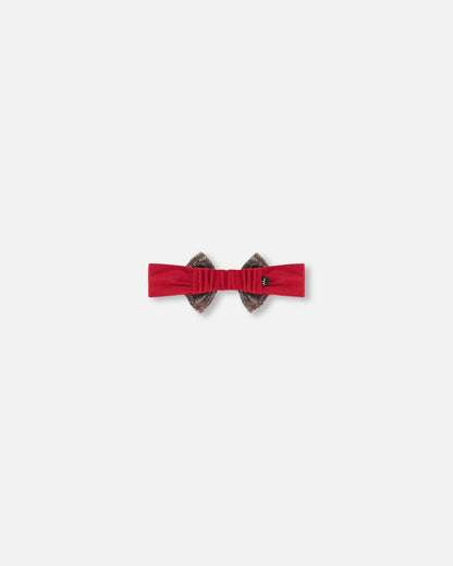 Headband With Glittering Tulle Bow Red Plaid-2