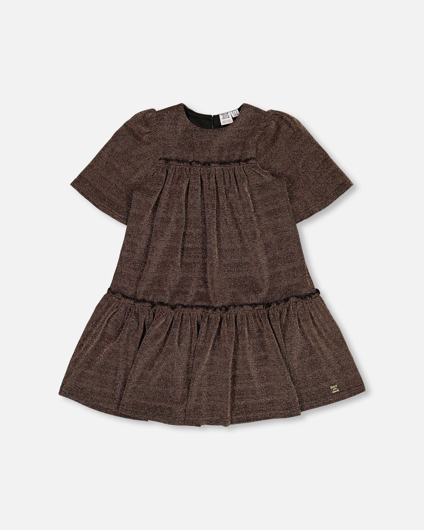 Short Sleeve Metallic Dress With Frills Golden Brown-0
