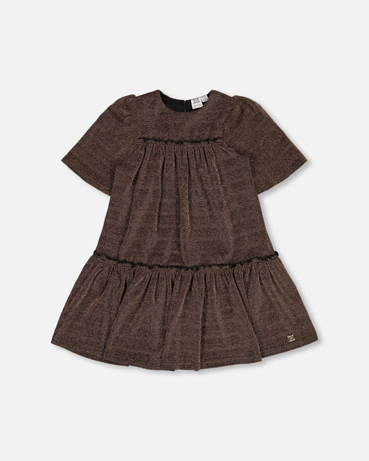 Short Sleeve Metallic Dress With Frills Golden Brown-0