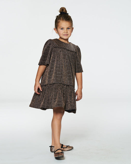 Short Sleeve Metallic Dress With Frills Golden Brown-1