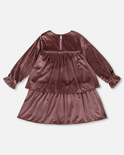 Long Sleeve Metallic Dress With Frills Burgundy-2