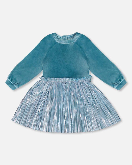 Bi-Material Long Sleeve Dress Blue Frost-0