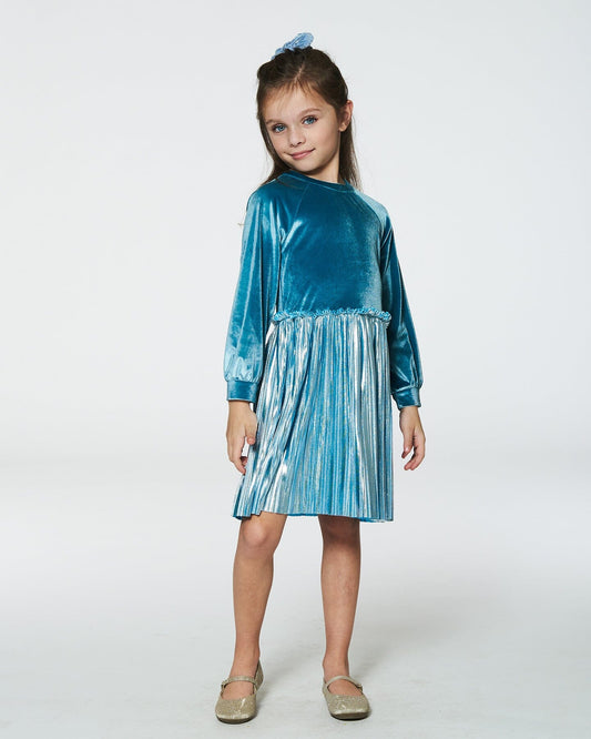 Bi-Material Long Sleeve Dress Blue Frost-1