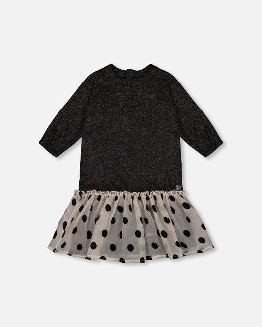 Bi-Material Long Sleeve Dress With Frill Shimmering Black-0