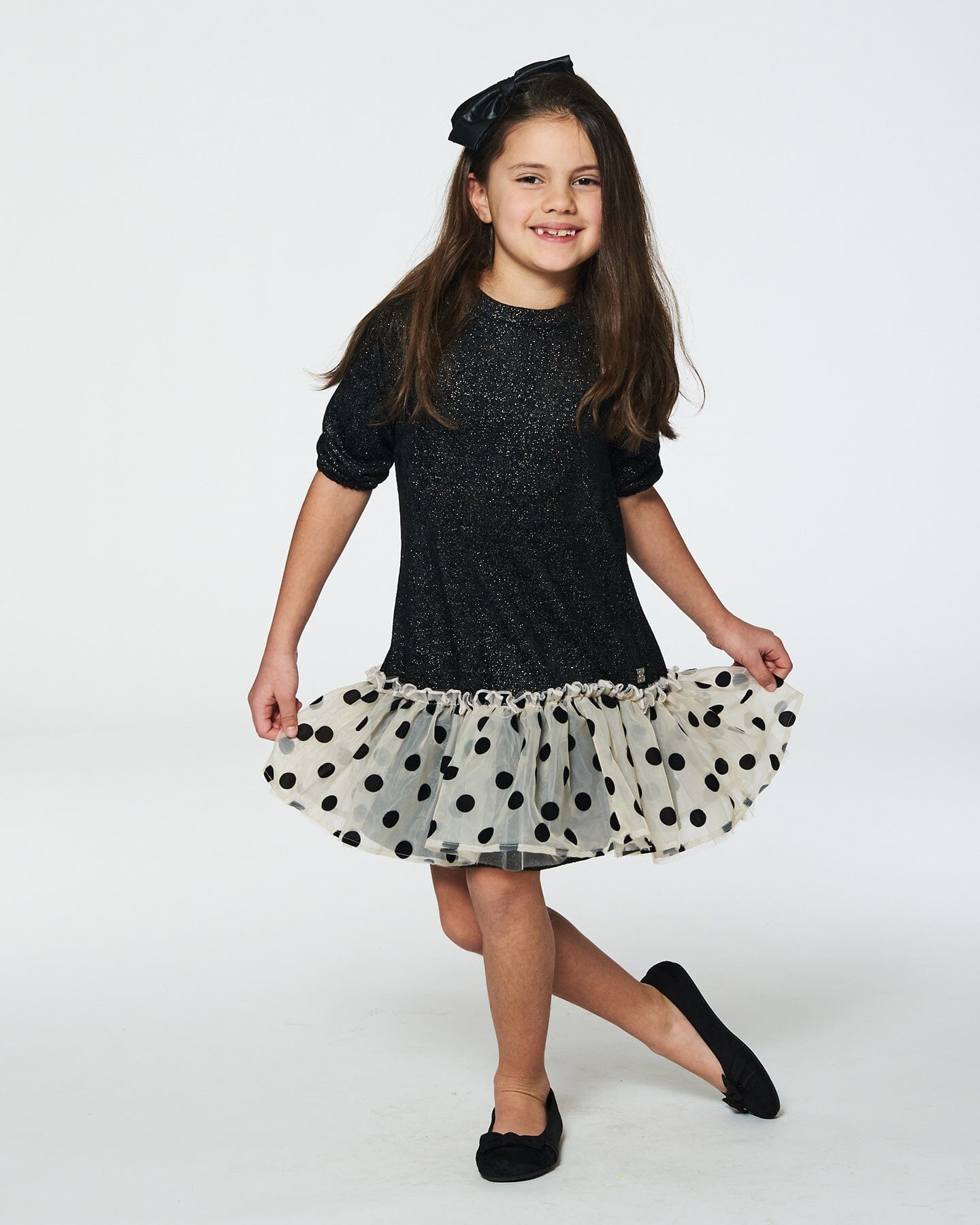 Bi-Material Long Sleeve Dress With Frill Shimmering Black-1