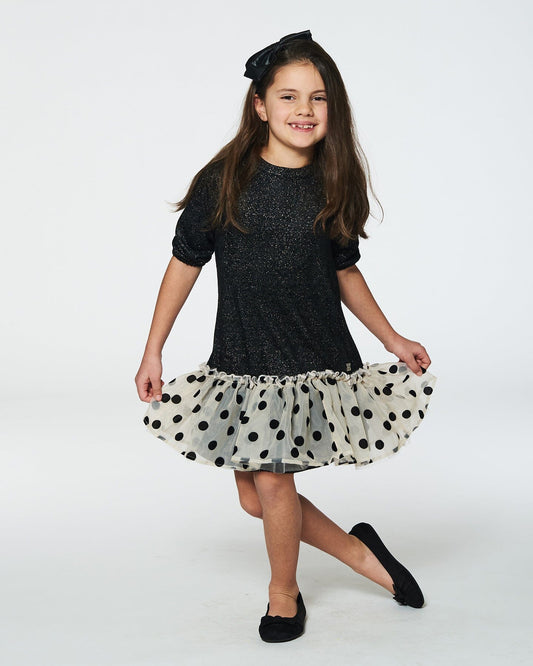 Bi-Material Long Sleeve Dress With Frill Shimmering Black-1