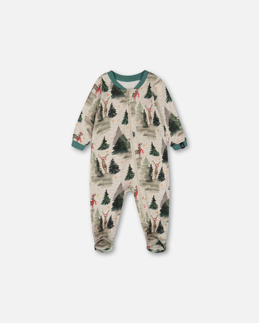 Organic Cotton One Piece Pajama Gray Mix Printed Reindeer-0