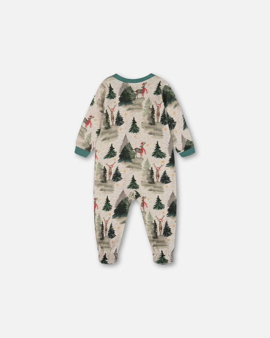 Organic Cotton One Piece Pajama Gray Mix Printed Reindeer-1