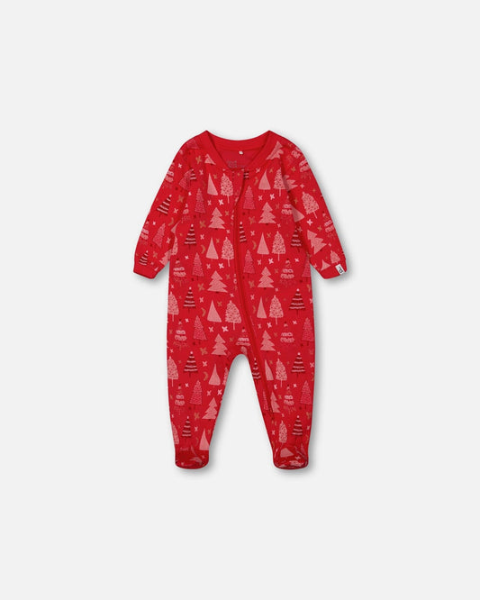 Organic Cotton One Piece Pajama Red Printed Christmas Tree-0