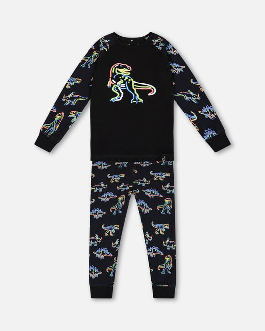 Organic Cotton Two Piece Pajama Set Black Printed Neon Dino-0