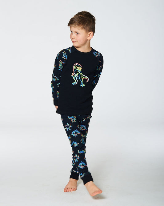 Organic Cotton Two Piece Pajama Set Black Printed Neon Dino-1