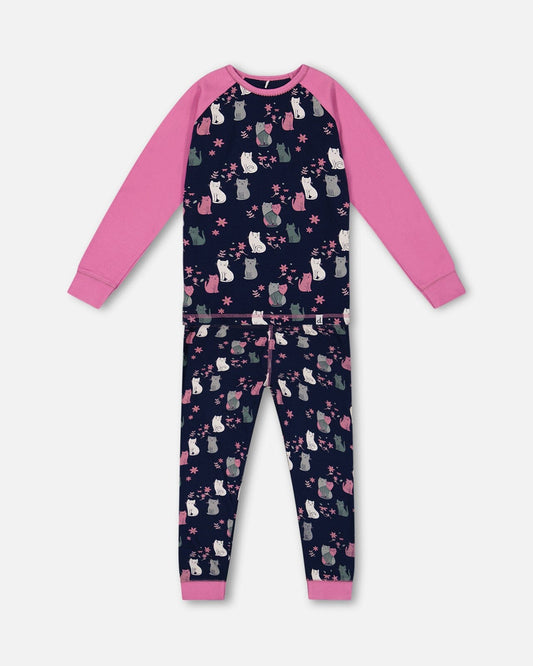 Organic Cotton Two Piece Pajama Set Navy Printed Cats-0