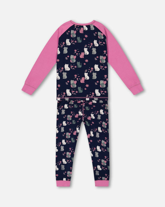 Organic Cotton Two Piece Pajama Set Navy Printed Cats-1