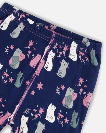Organic Cotton Two Piece Pajama Set Navy Printed Cats-3