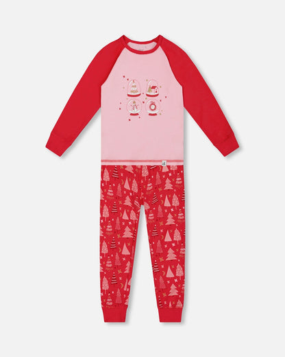 Organic Cotton Two Piece Pajama Set Red Printed Christmas Tree-0